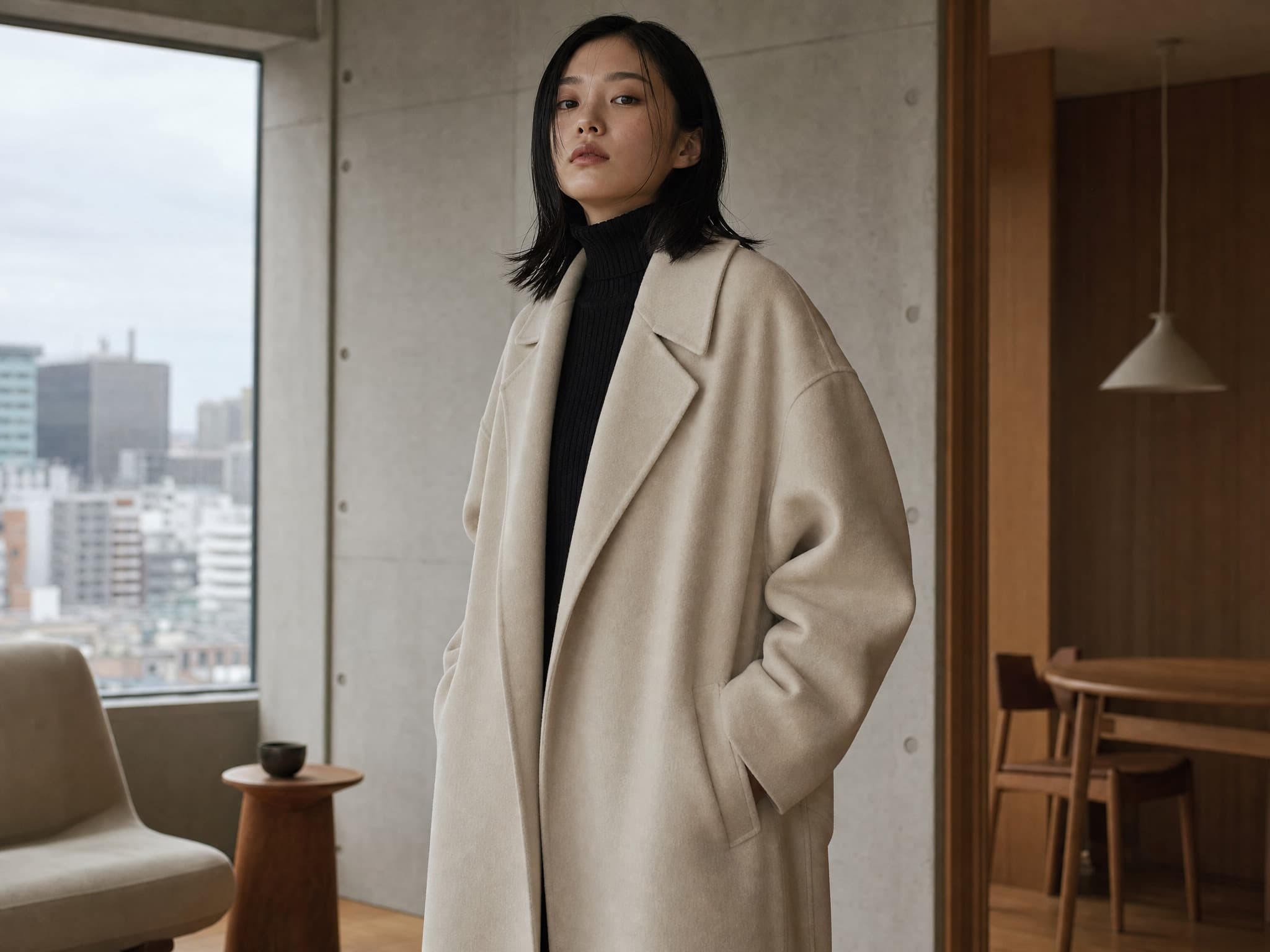 Woman in an oversized ecru wool coat, minimalist styling