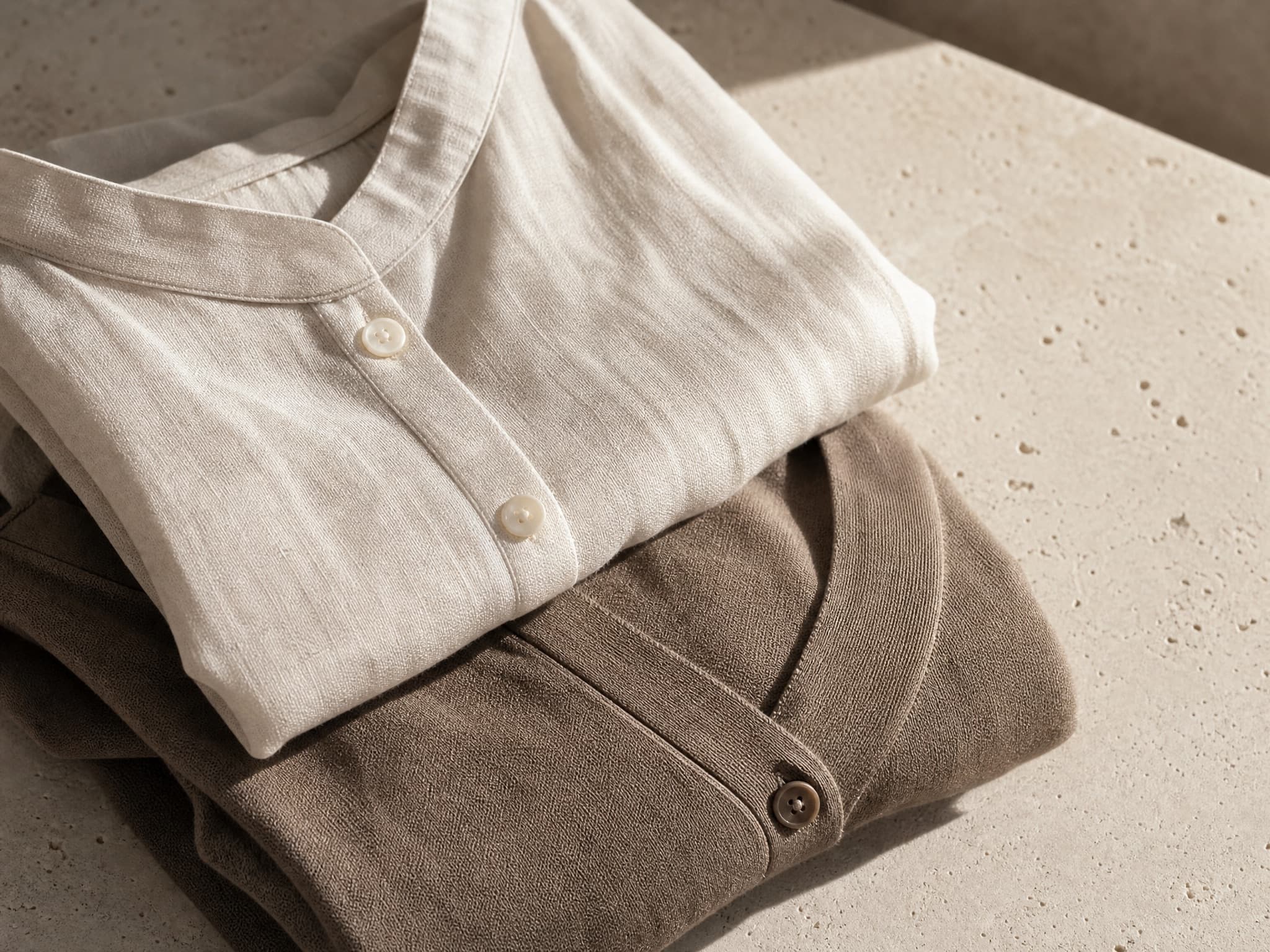 Folded ivory linen blouse and mocha cardigan, flat-lay