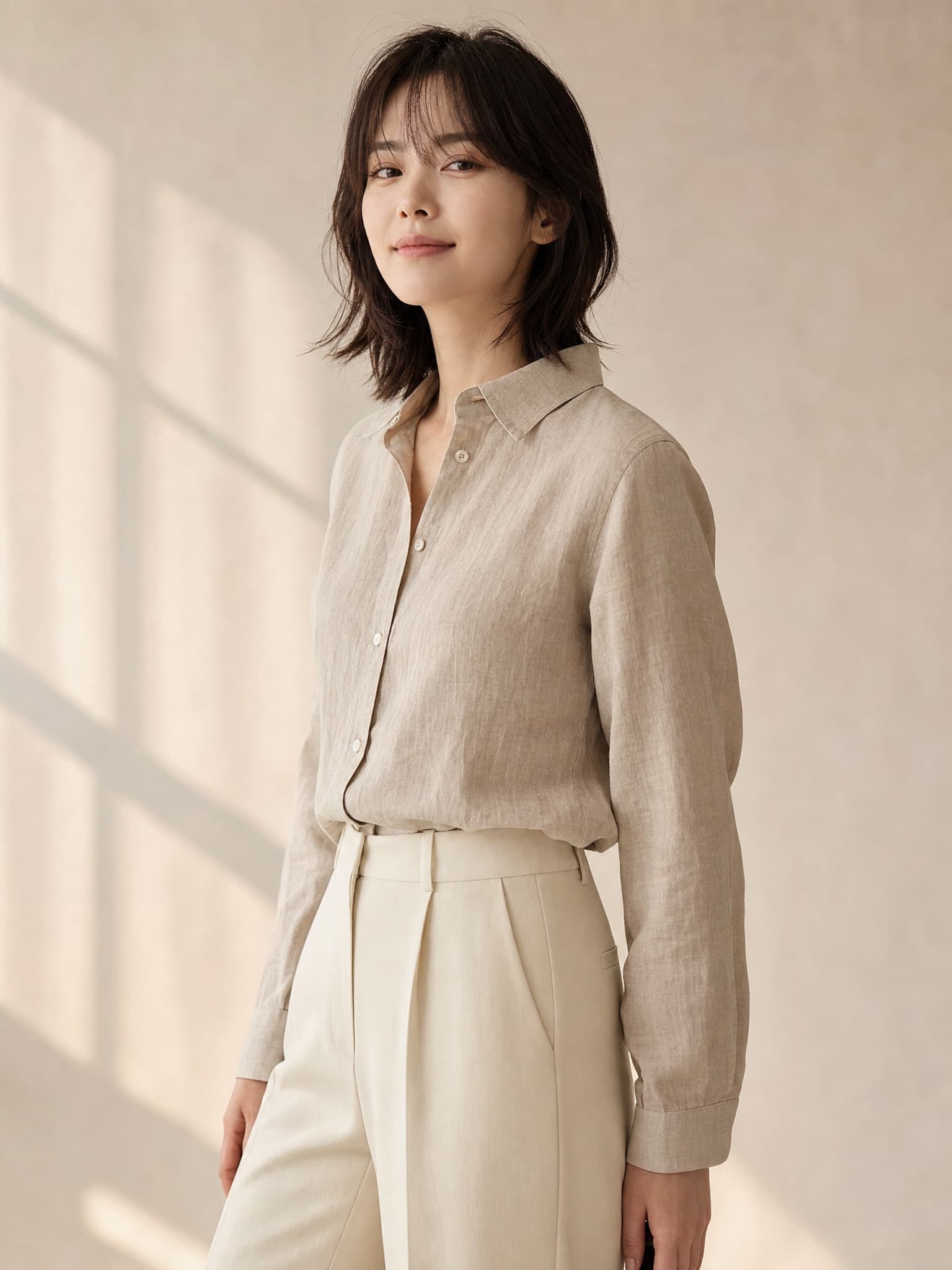 Korean-Japanese minimalist linen shirt, on-model studio shot