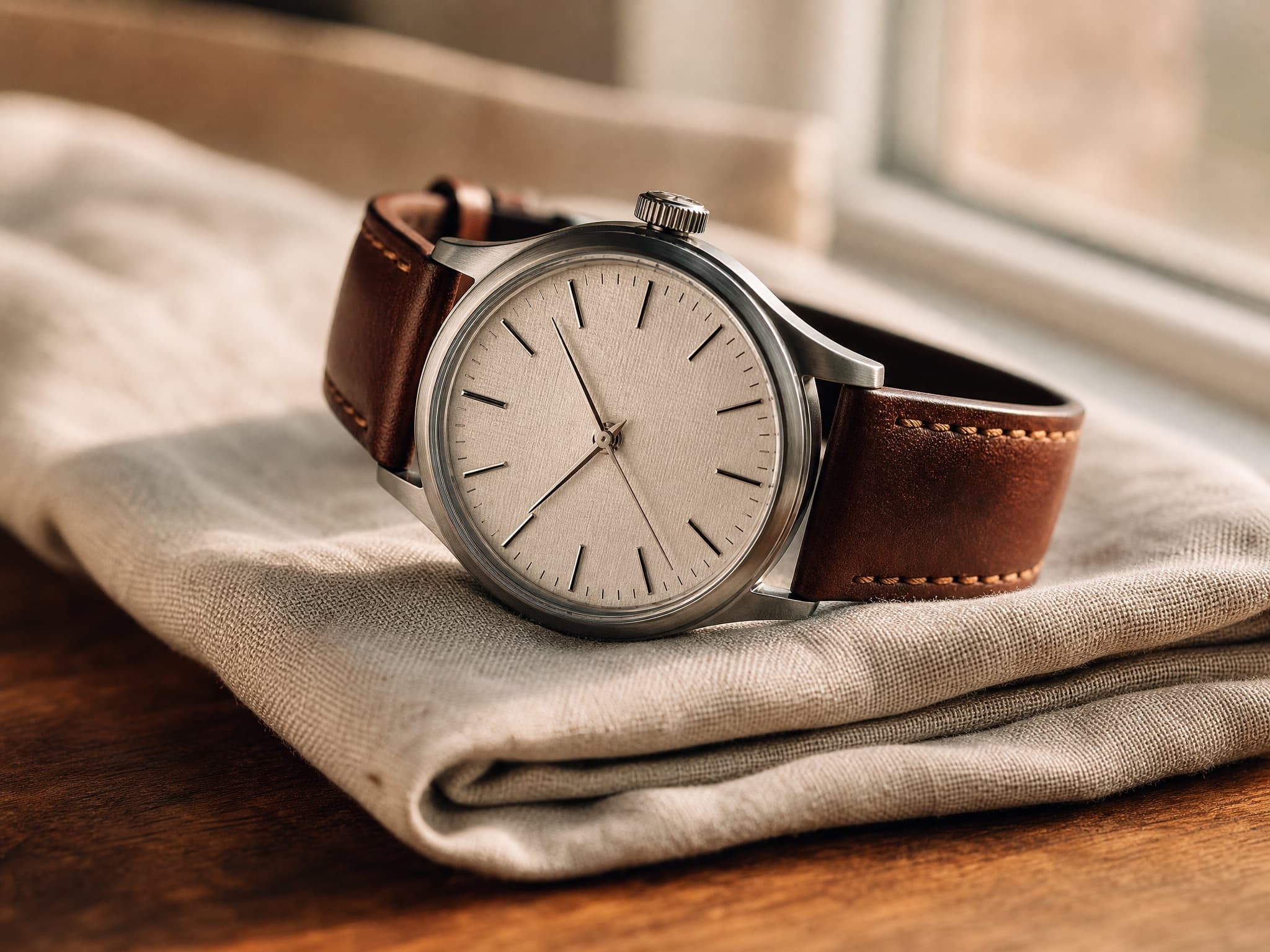 Mechanical watch on warm linen, soft loft window light