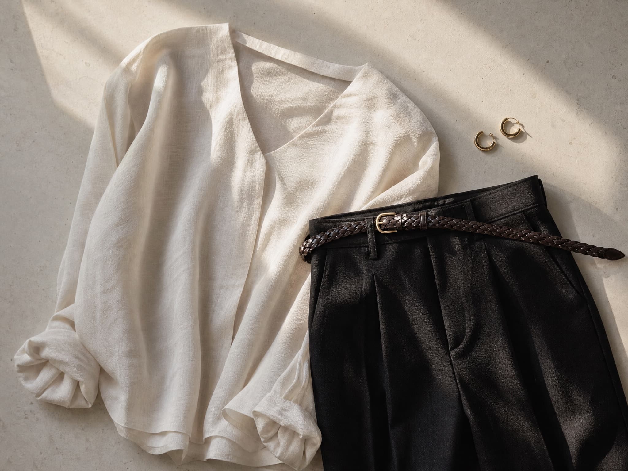 Korean-Japanese minimalist outfit flat-lay on pale stone