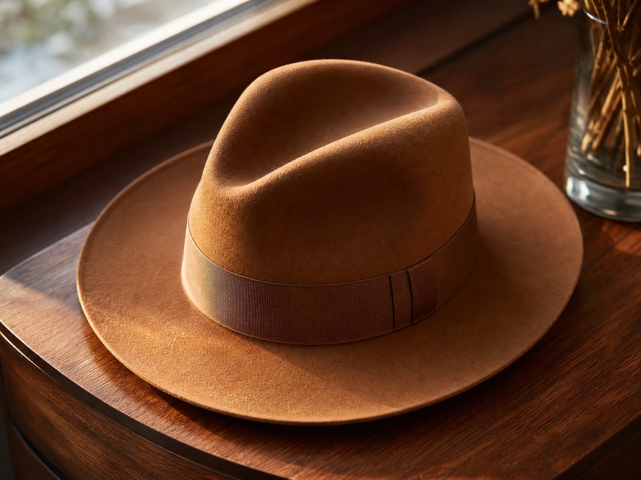 Camel-felt brim hat on side table, golden hour