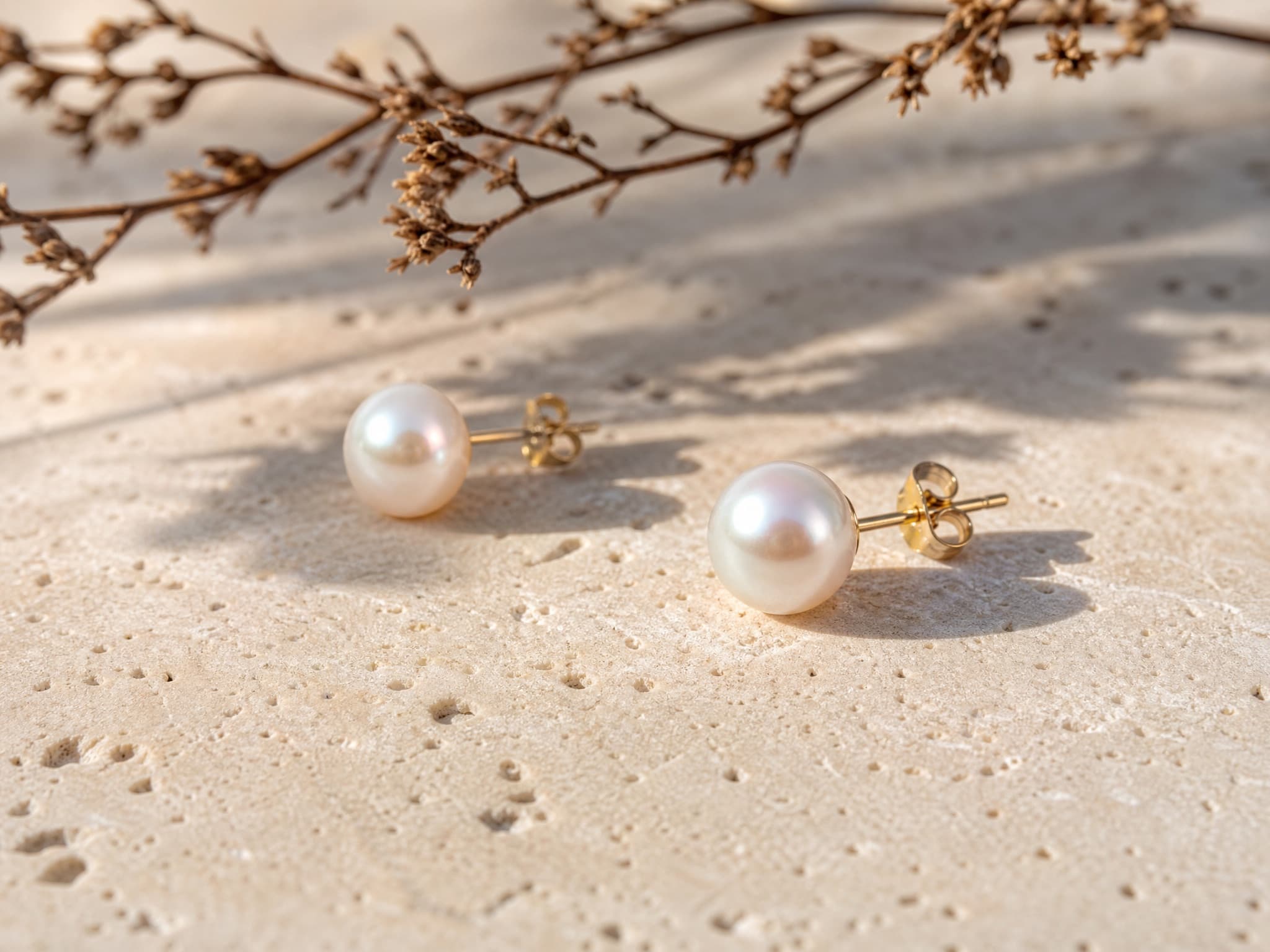Pearl drop earrings on stone