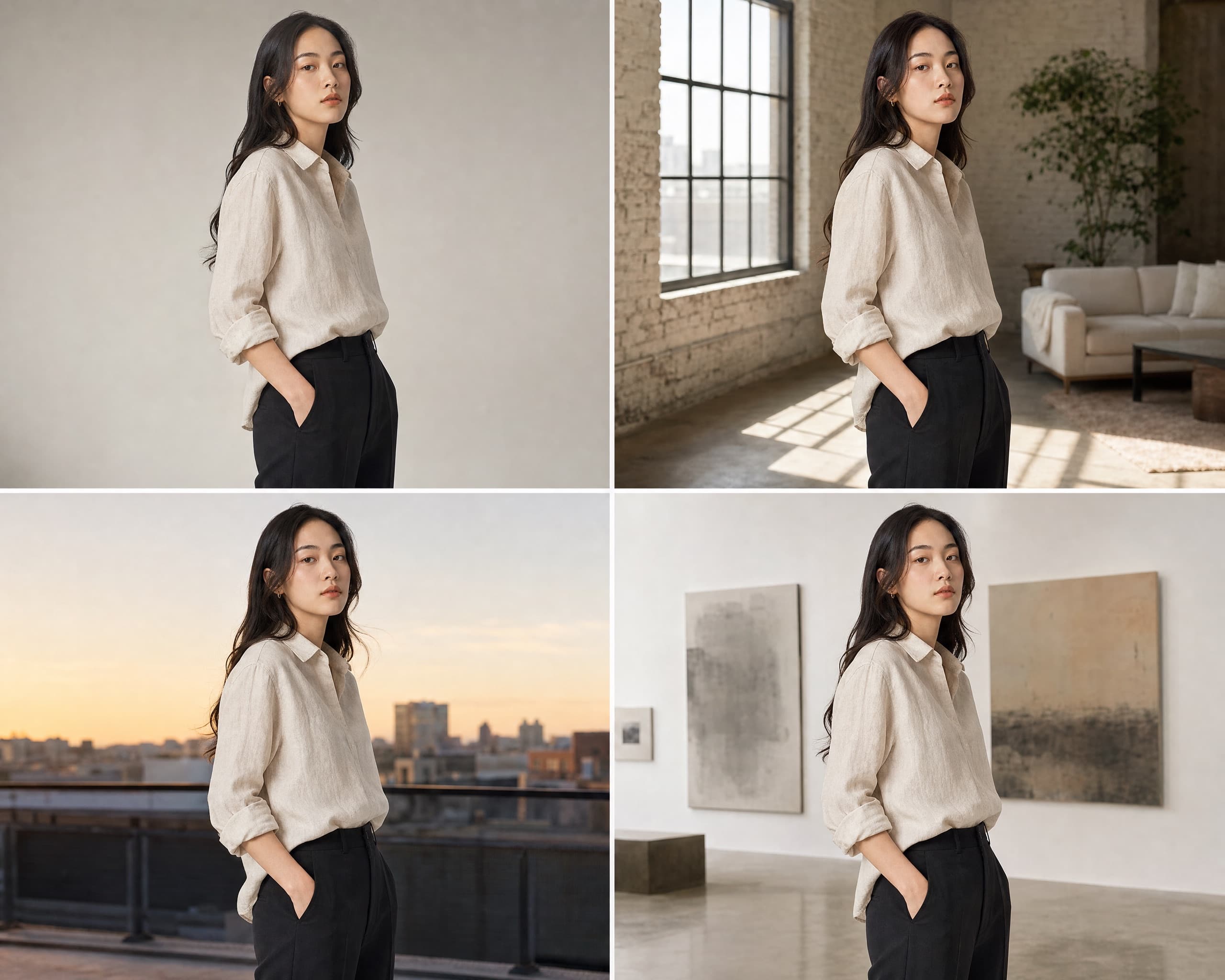 Four scene variations of the same Korean-Japanese minimalist outfit